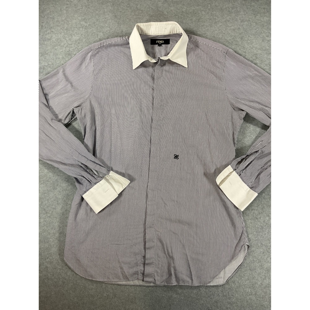 Fendi Roma Mens Pinstripe Button Down Shirt Blue White Contrast Size 40 2583
